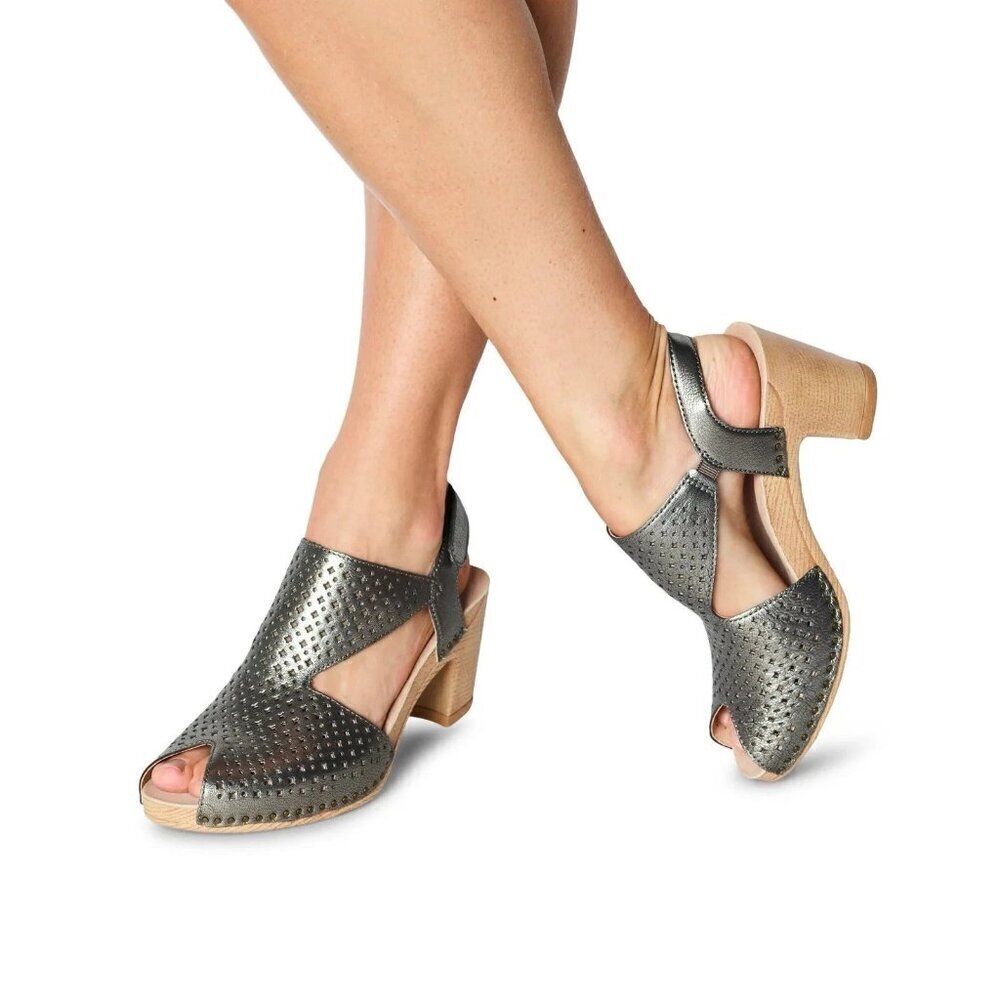 Dansko Teagan Leather Heeled Peep Toe Sandals EU 41 US 10.5-11 Gunmetal NEW